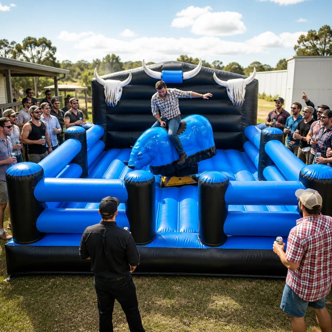 Bucks party at the Full Throttle Chaos inflatable bull arena