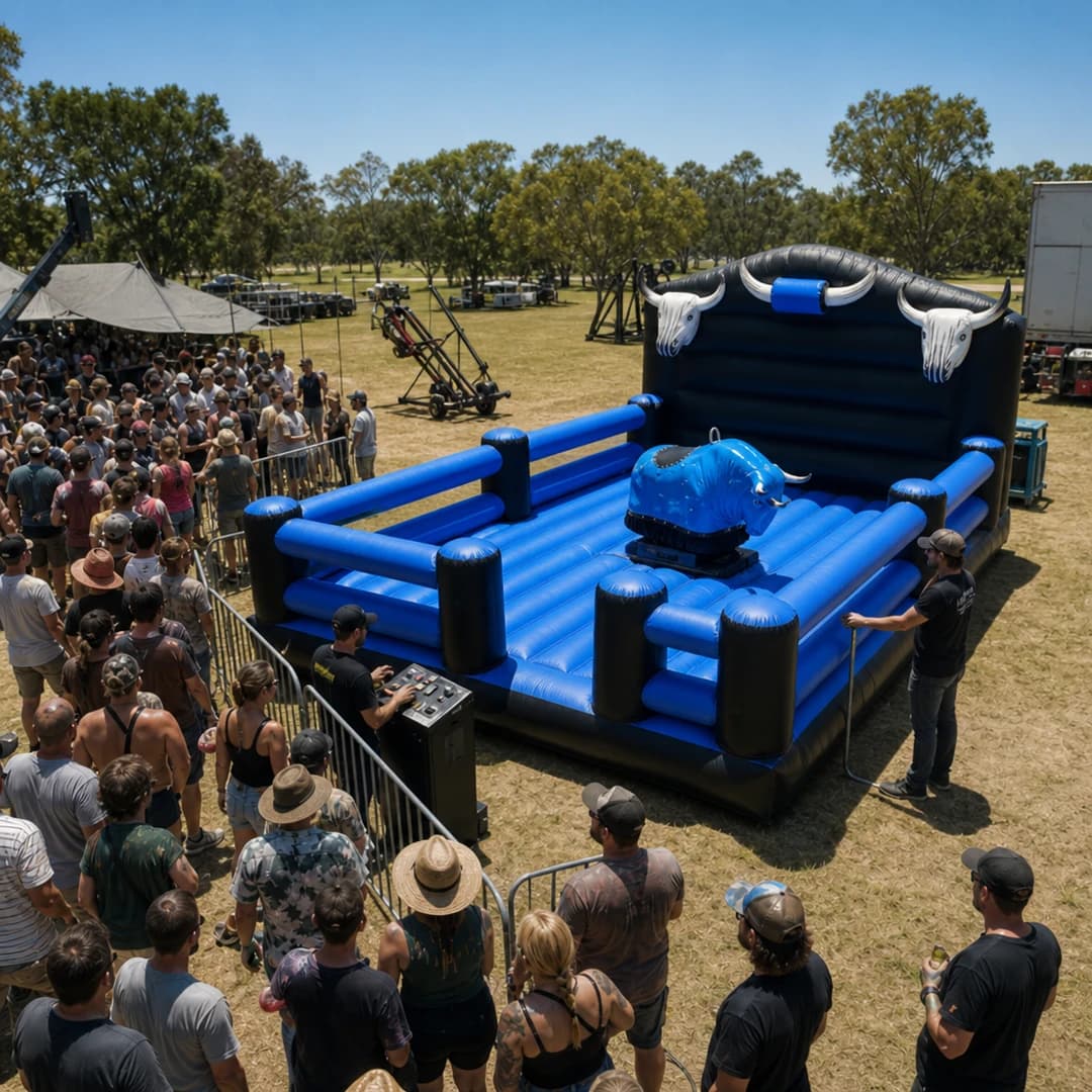 Festival field with the Full Throttle Chaos inflatable arena