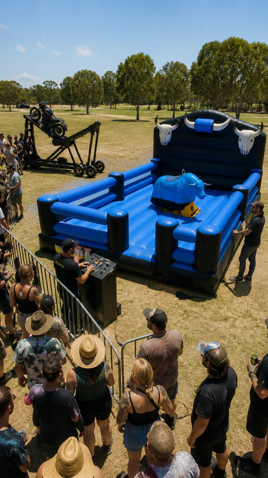 Festival crowd around the Full Throttle Chaos mechanical bull