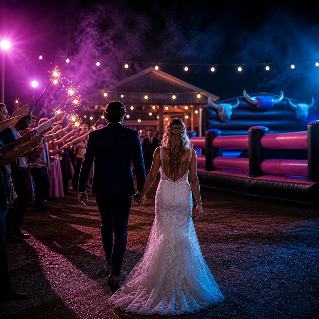 Bride and groom walking toward the Full Throttle Chaos bull arena