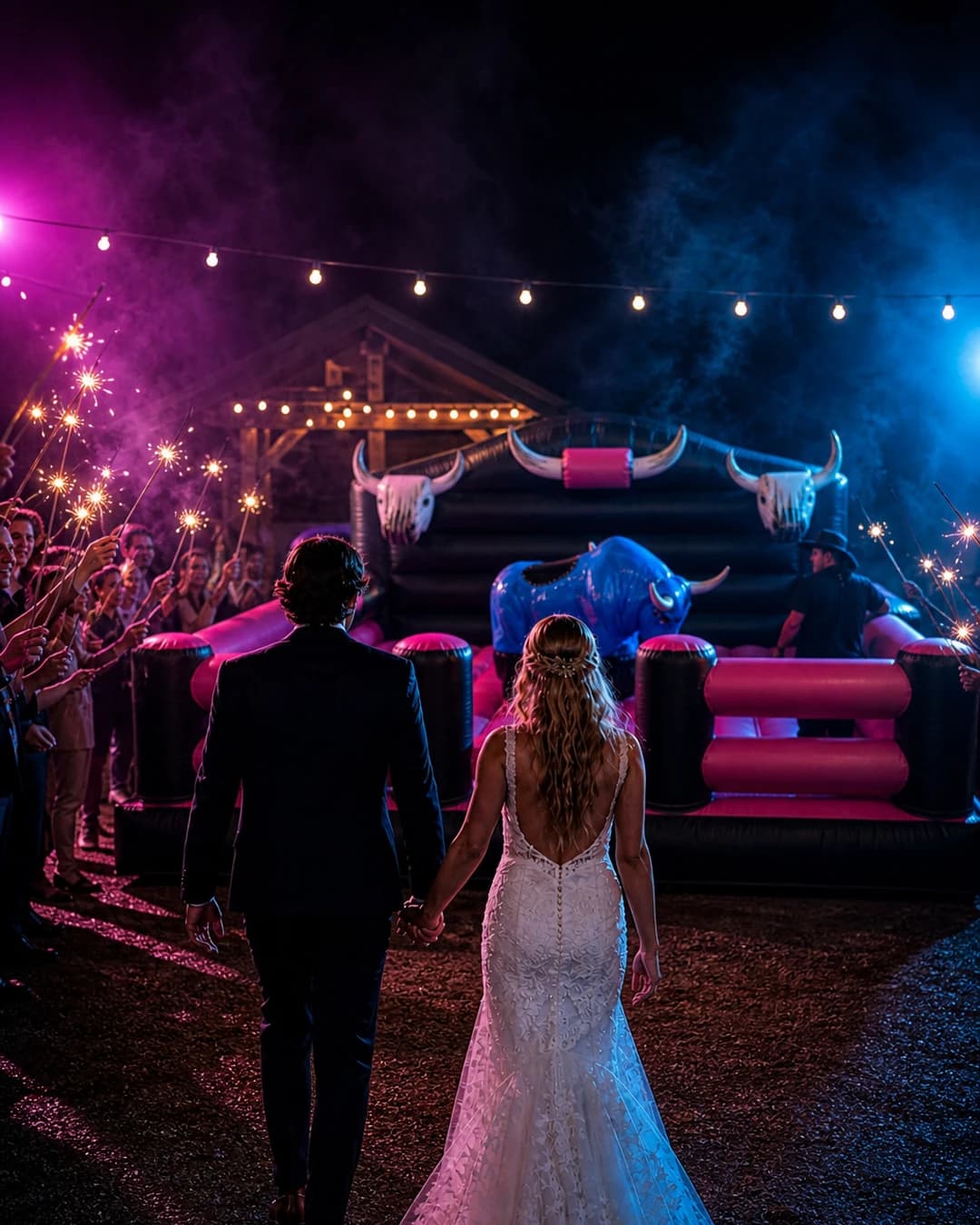 Wedding reception around the Full Throttle Chaos inflatable arena
