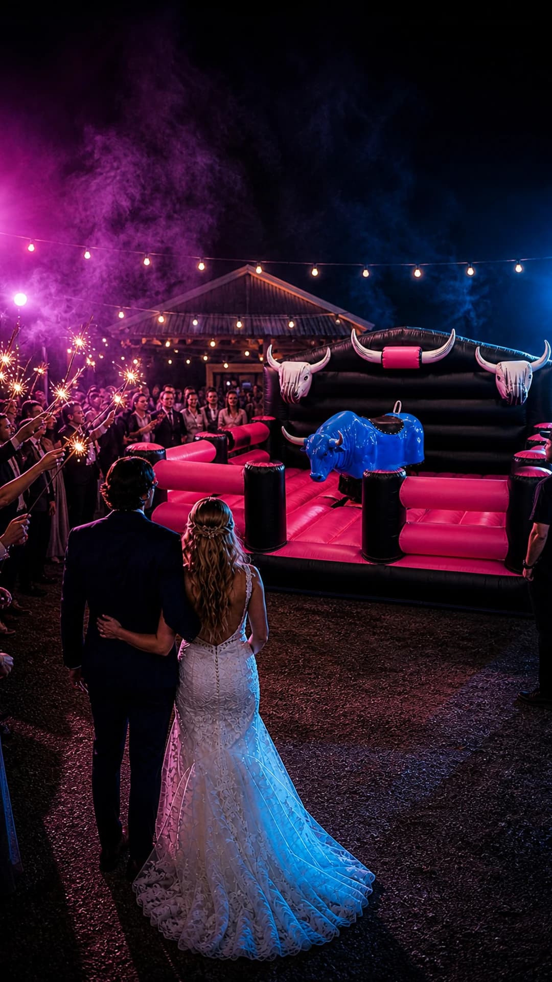 Wedding guests at the Full Throttle Chaos mechanical bull