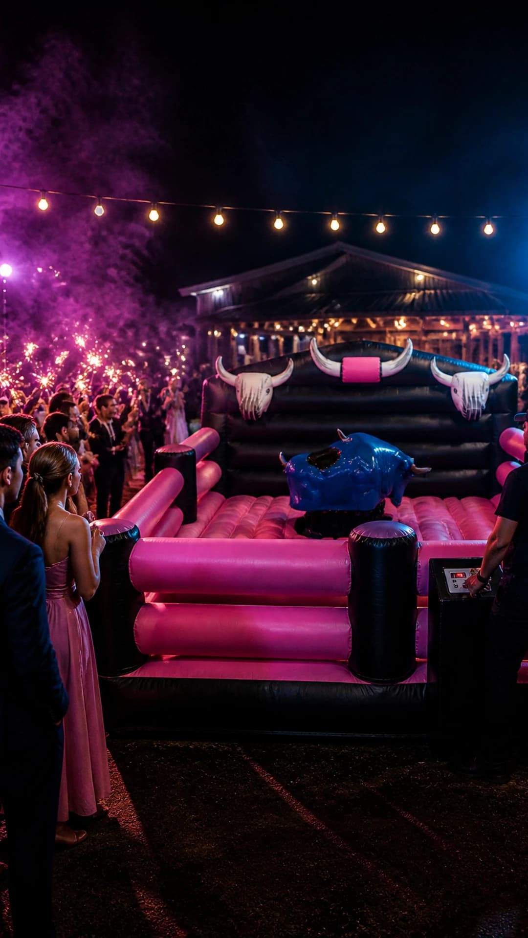 Night wedding with the Full Throttle Chaos bull arena lit up
