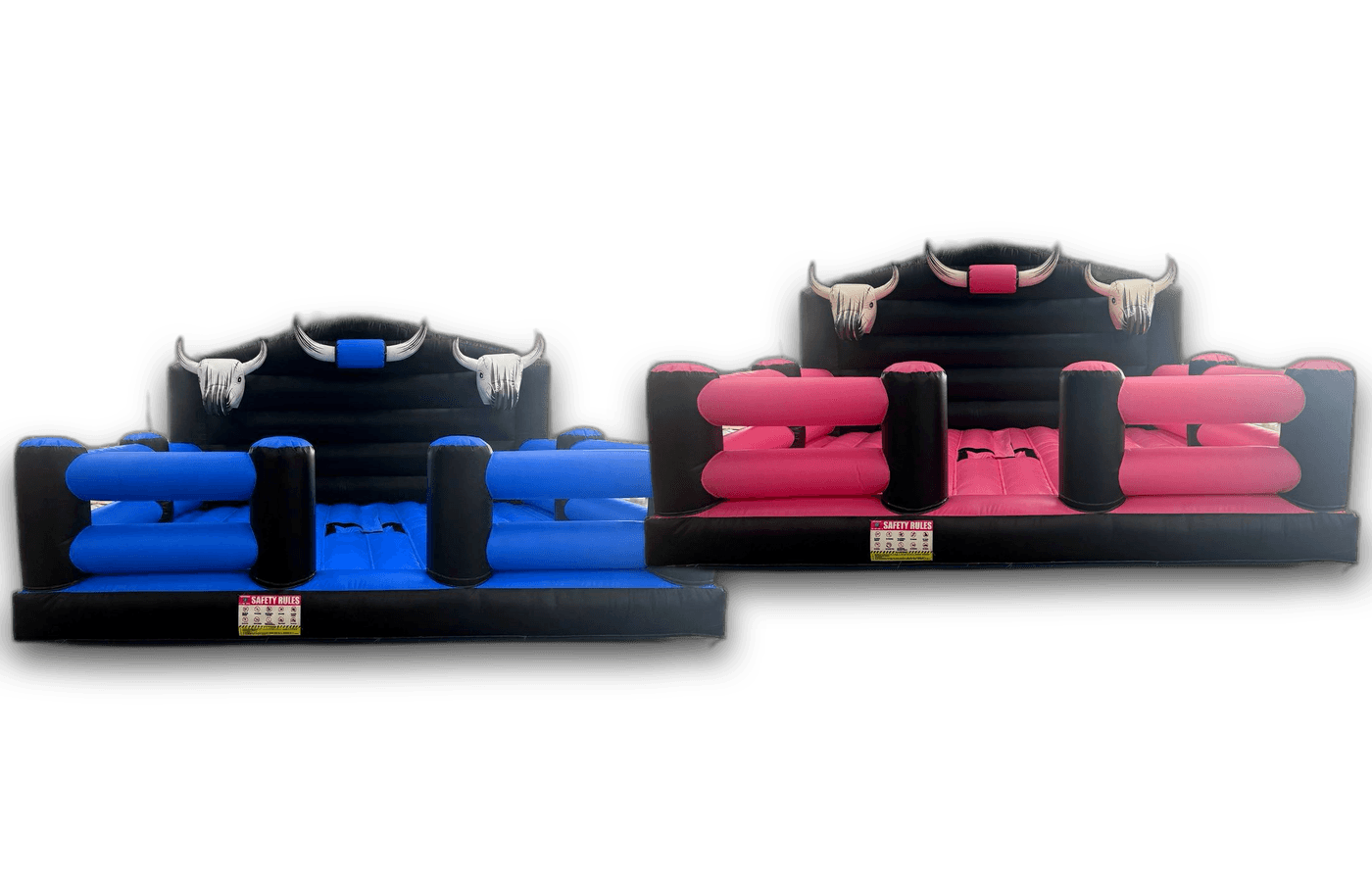 The real Full Throttle Chaos blue and black and pink and black mechanical bull arenas