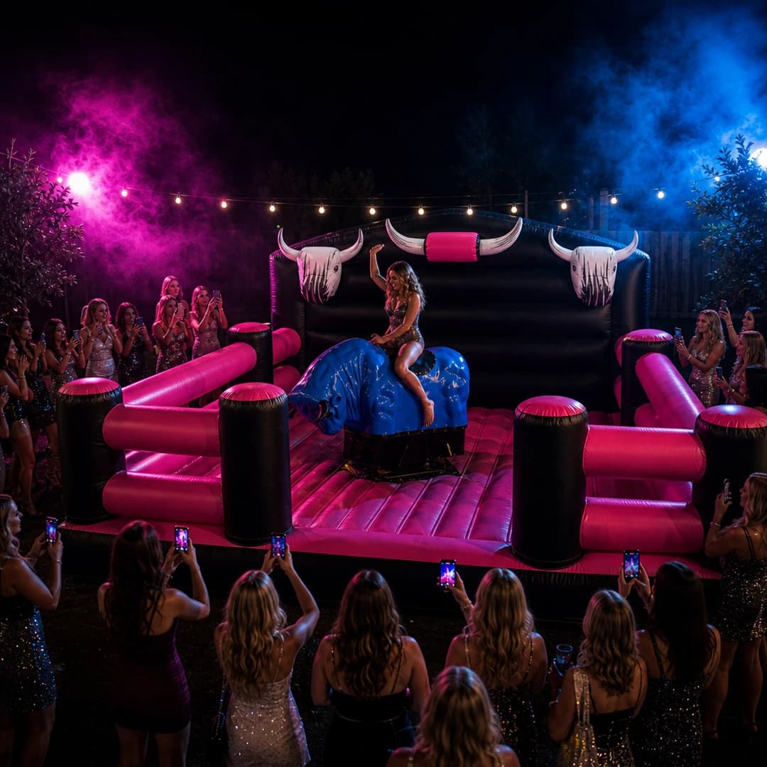 Hens party crowd filming a rider on the Full Throttle Chaos bull