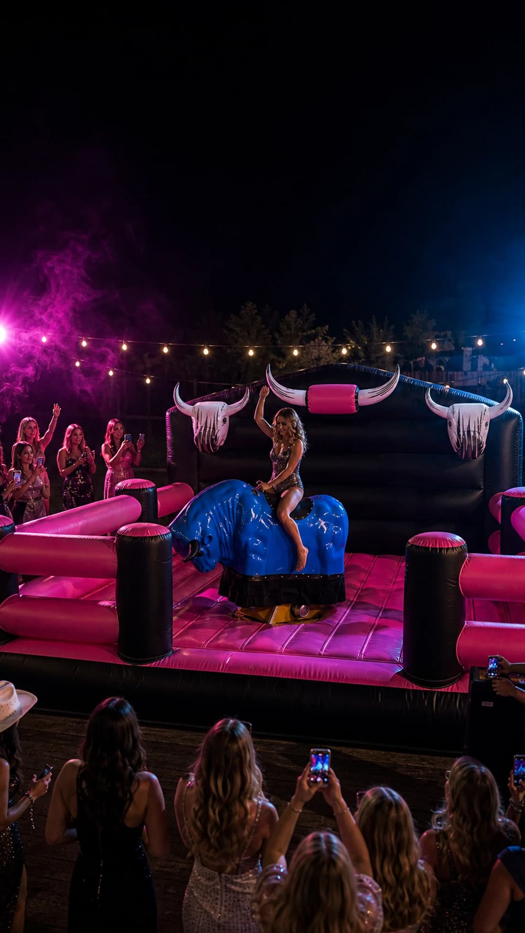 Hens party rider on the blue Full Throttle Chaos mechanical bull