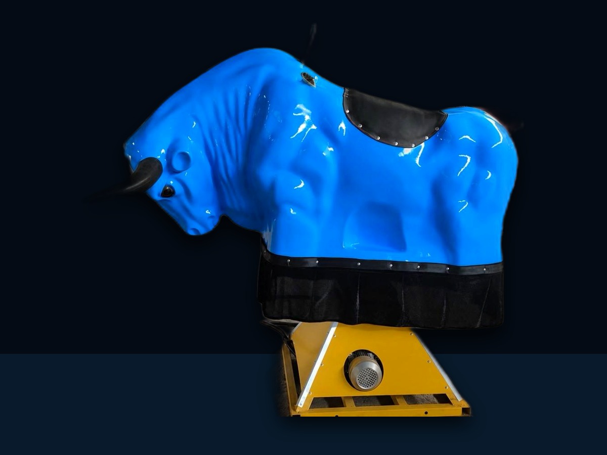 Blue Full Throttle Chaos mechanical bull on its drive base