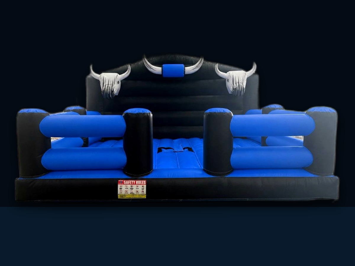 Blue and black Full Throttle Chaos inflatable bull arena