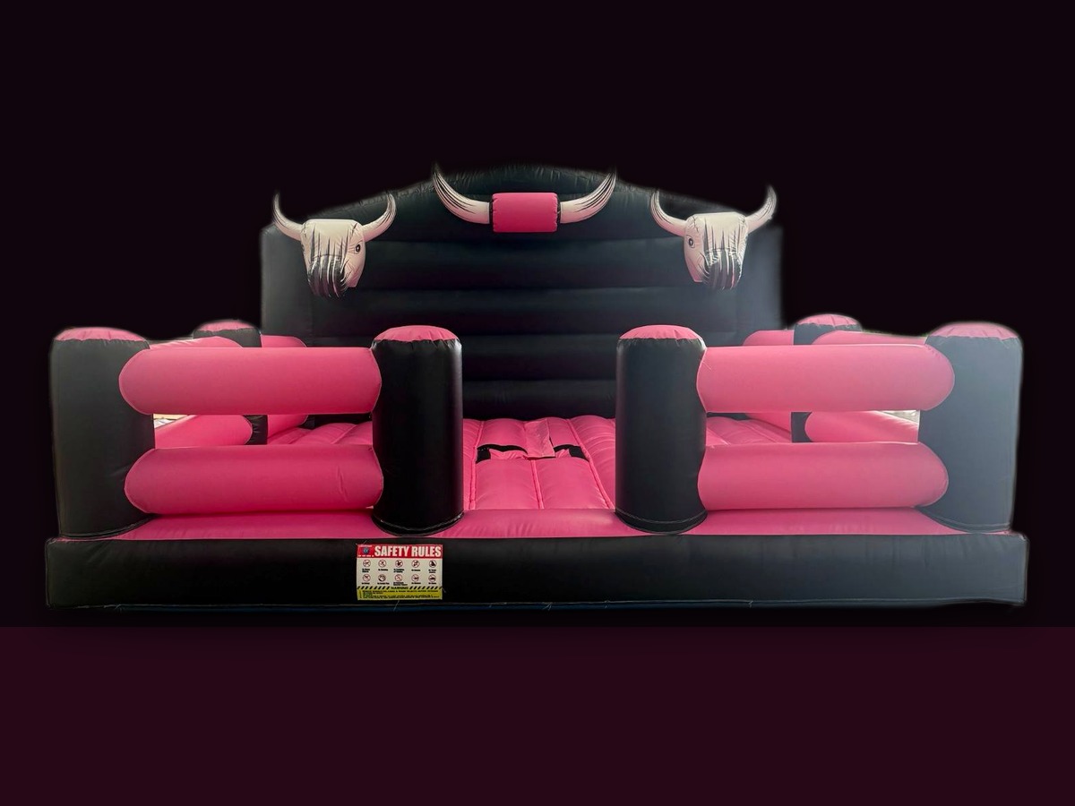 Pink and black Full Throttle Chaos inflatable bull arena