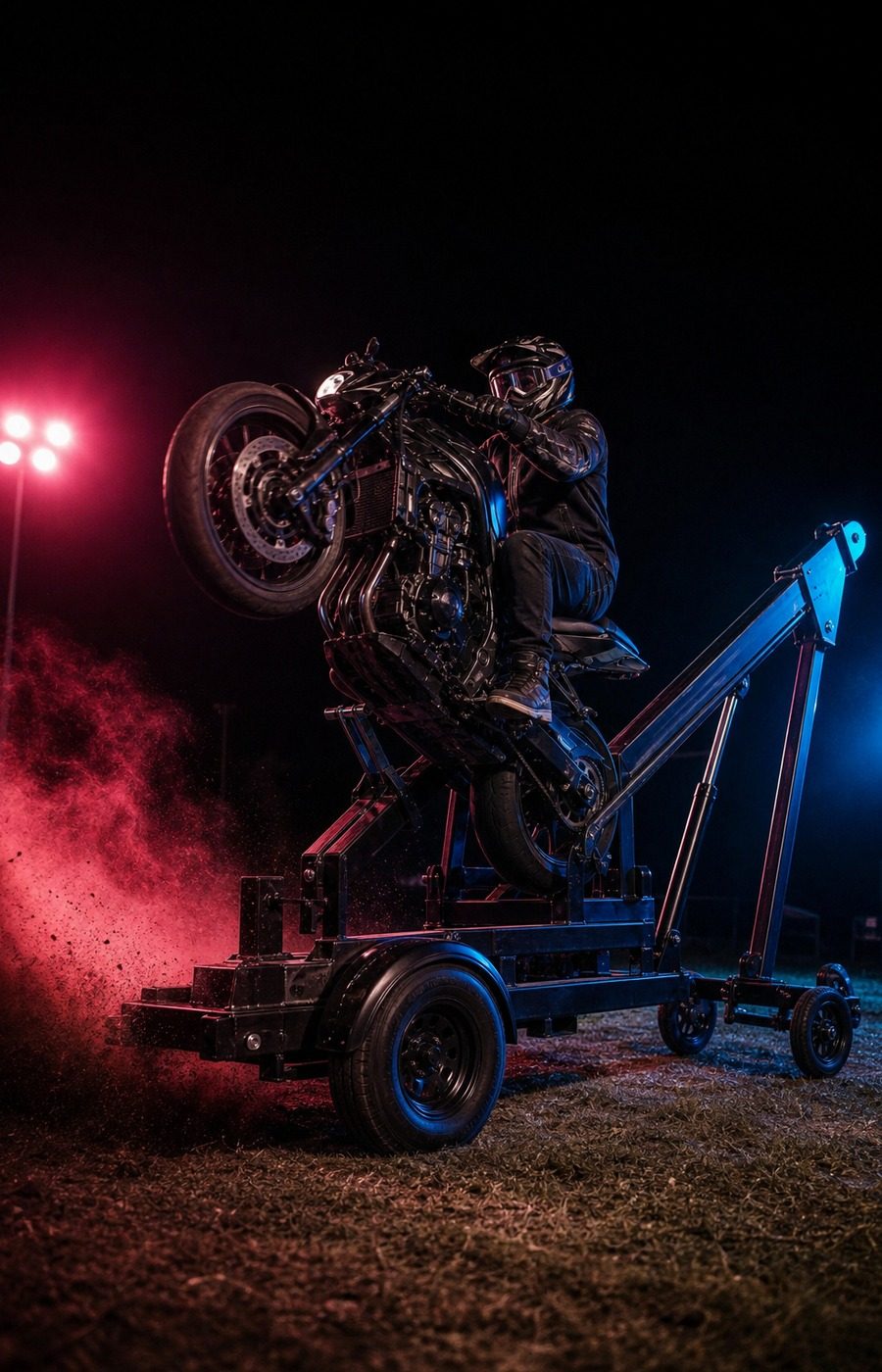 Rider on the trailer-mounted wheelie machine with the front wheel up